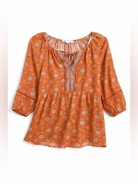 Festival Ready! DR2 boho peasant blouse floral tie front flowy rayon top M